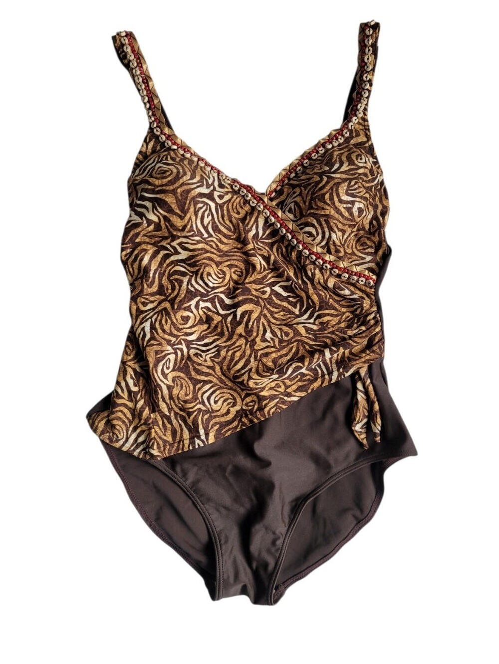 Vintage Y2K Boho Beaded Wrap Look One-Piece Swimsuit Brown Tan  Size 10 D